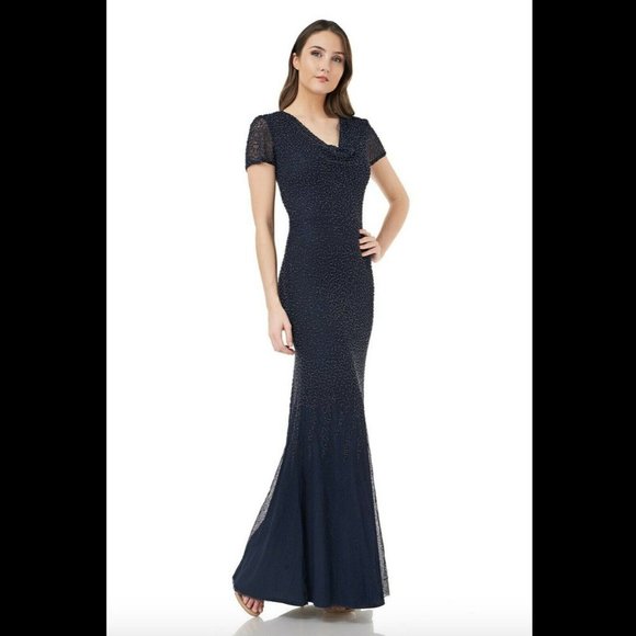NWT $358 JS Collection Cowl Neck Beaded Mesh‎ Gown in Blue [SZ 10 ] - Picture 2 of 12